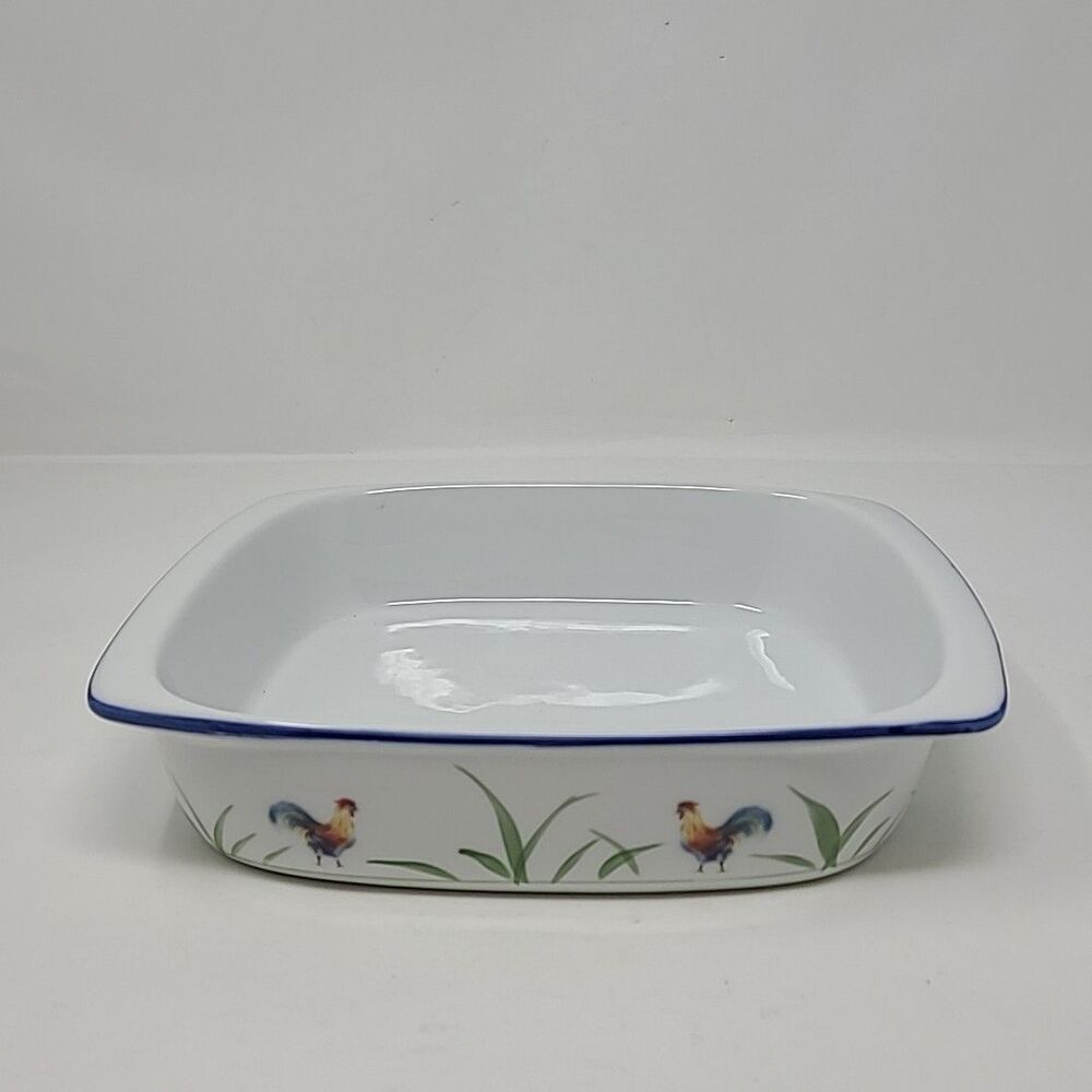 BIA Blanc de Table Rooster Square Casserole Baking Dish Blue Trim 8"x9"